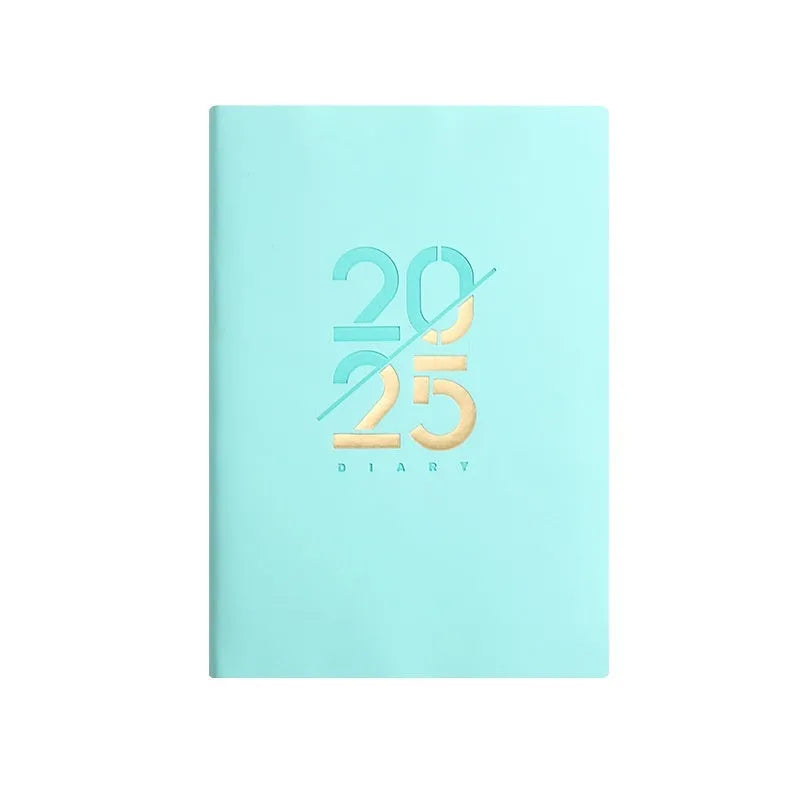 A5 soft faux leather daily planner open on a desk, showing Dorian paper and lay-flat binding.