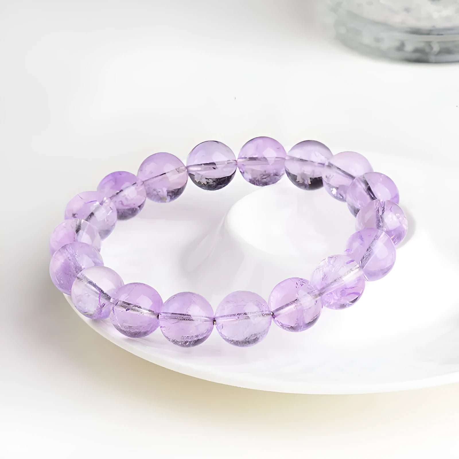 Lavender amethyst bracelet with geometric round beads in cream or transparent colours