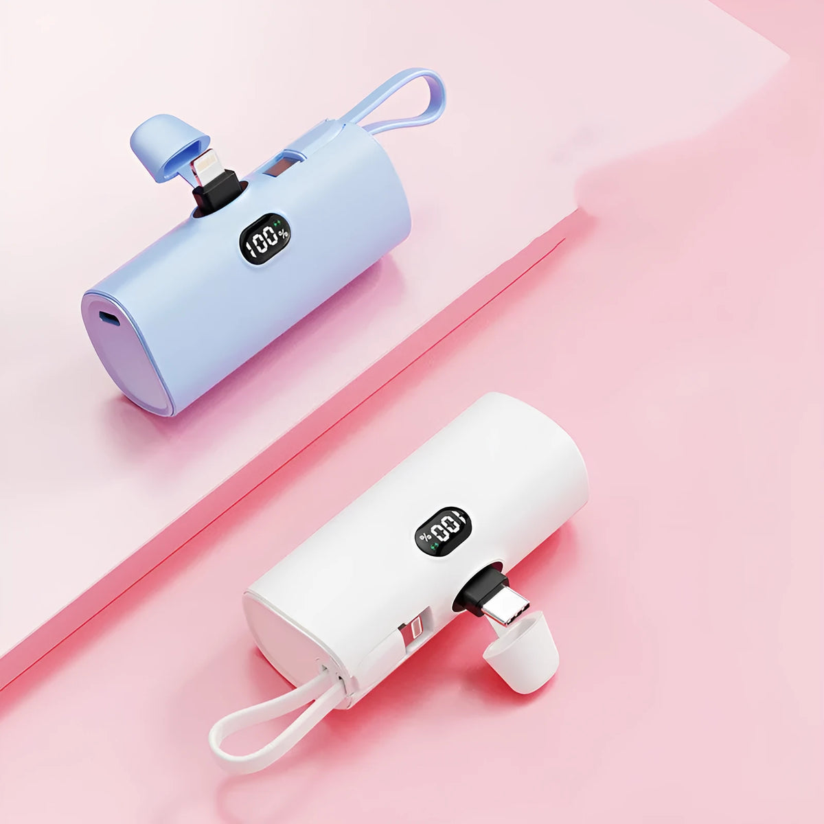 Capsule shaped wireless power bank with digital display showing battery percentage