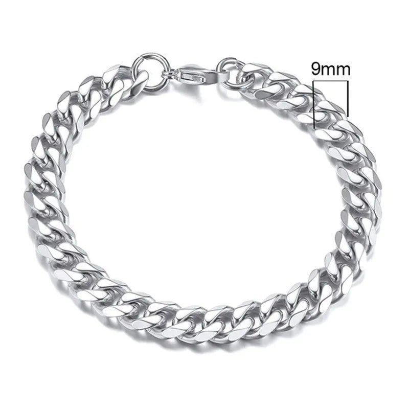 Six-sided geometric Cuban link chain bracelet in metal, shown in gold, black, and steel colour finishes.