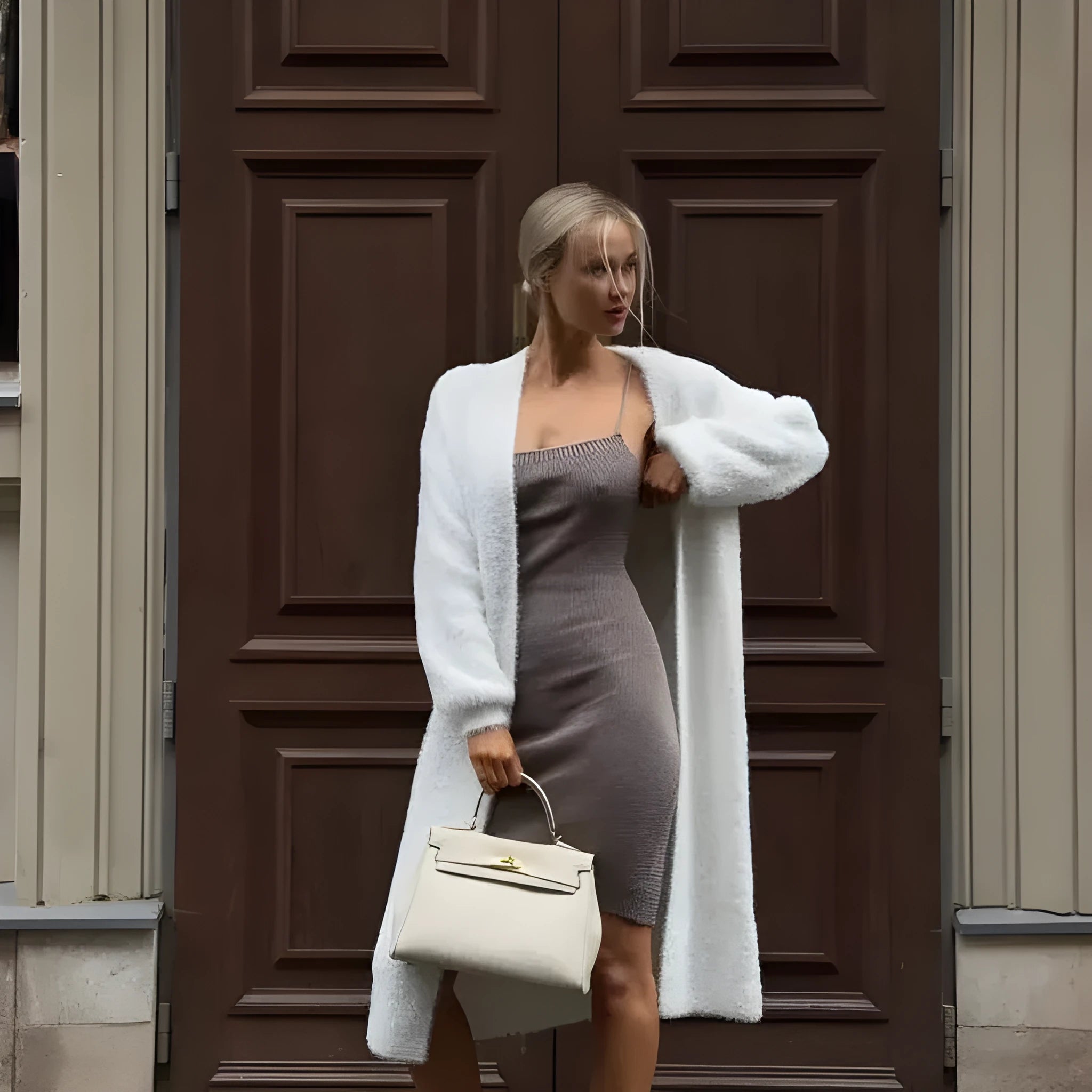 White thick knitted women's cardigan jacket with long sleeves and extended length.