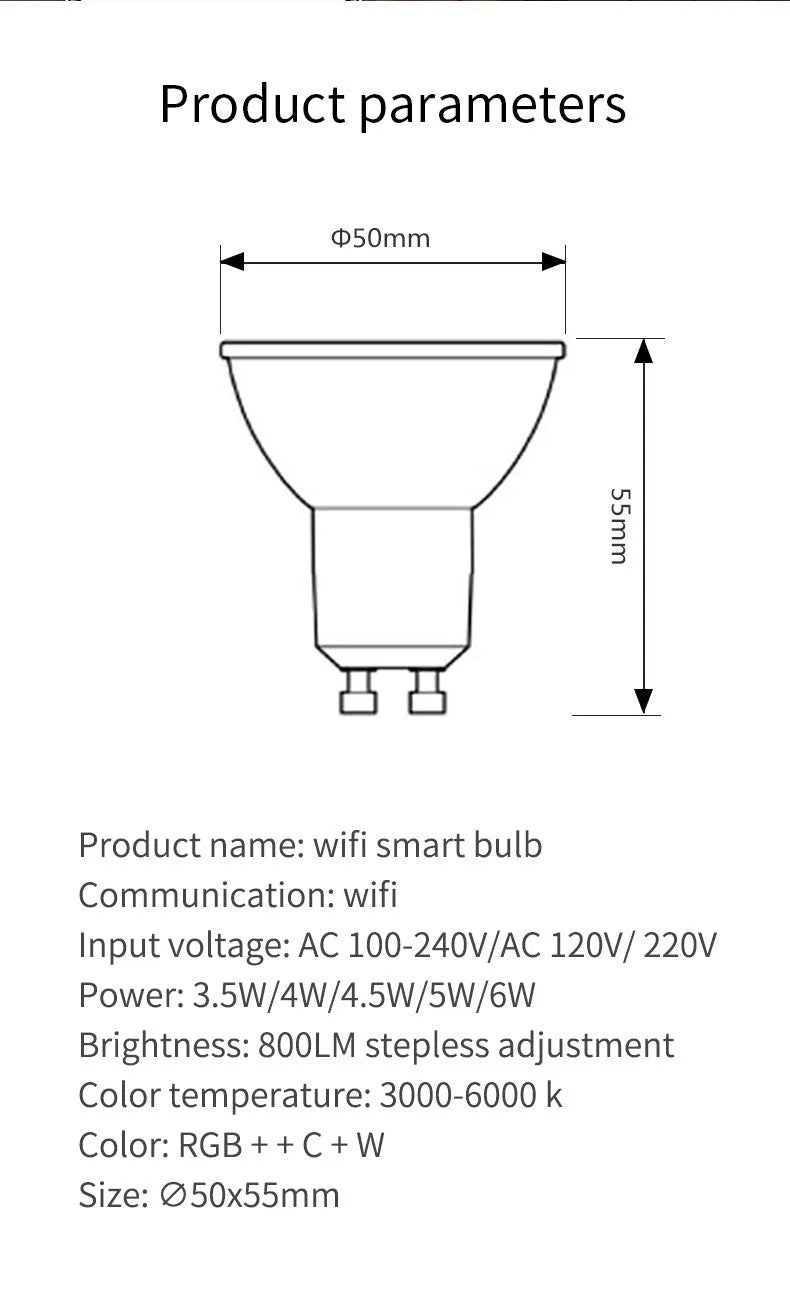 Smart GU10 LED spotlight bulb with RGBCCT colour changing and WiFi connectivity for voice control