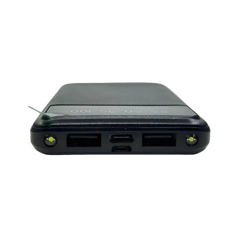 Black ultra-thin portable power bank with 10000mAh capacity, showing compact size.