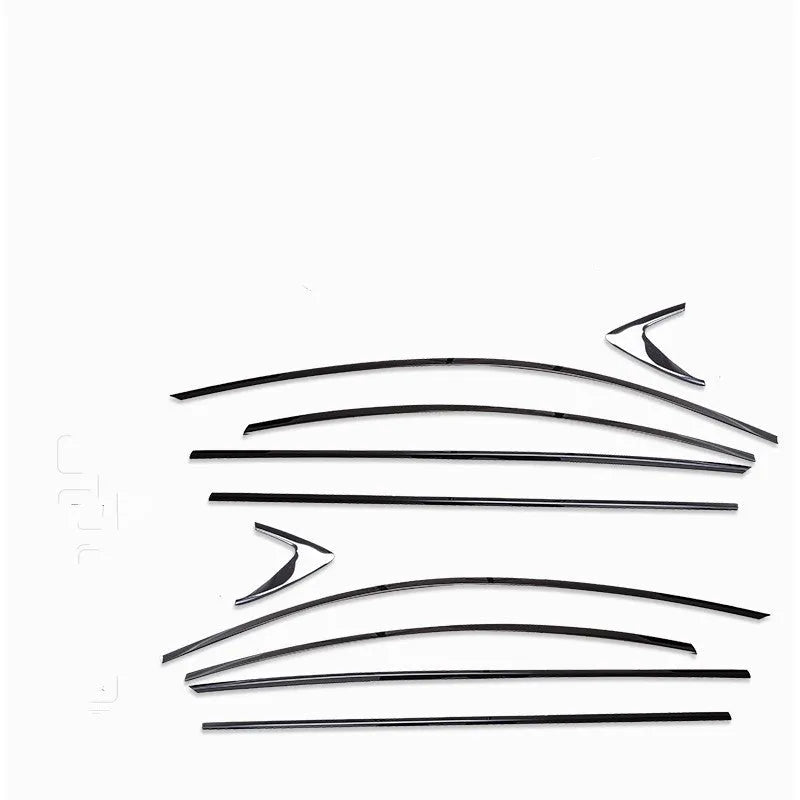 Stainless steel black titanium window trim strip kit with straight and corner pieces.