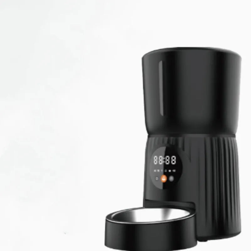 Black intelligent pet feeder with automatic timing and USB power connection for remote feeding