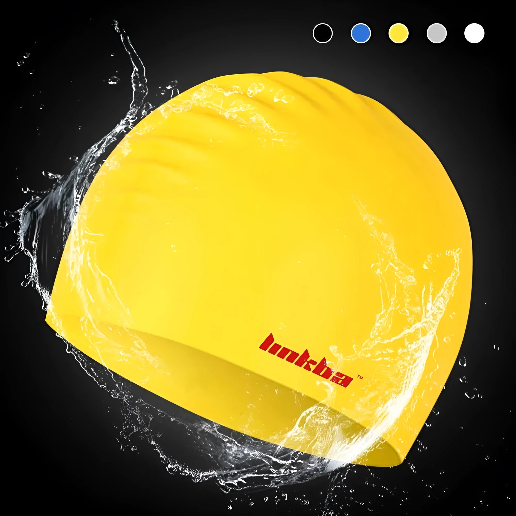 Silicone swimming cap with earmuff design and letter pattern in multiple colour options