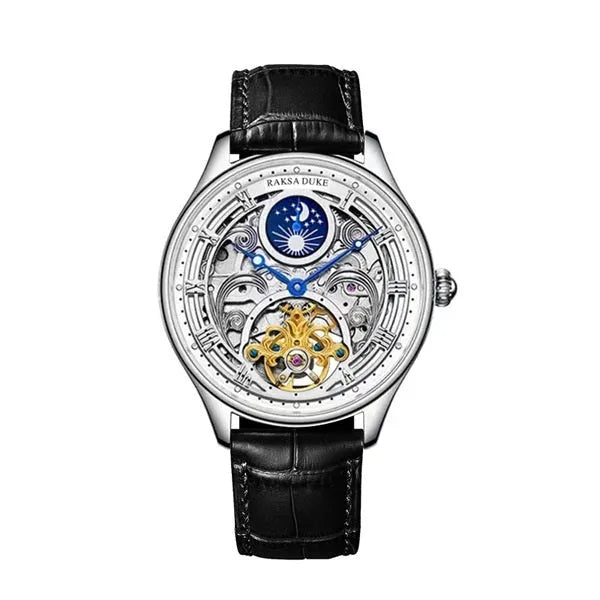 Men's waterproof business casual watch with steel strap, showing white dial and 16mm thickness.