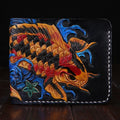 Men's manually carved cow leather wallet in red, shown open with no closure, next to blue and gold options.