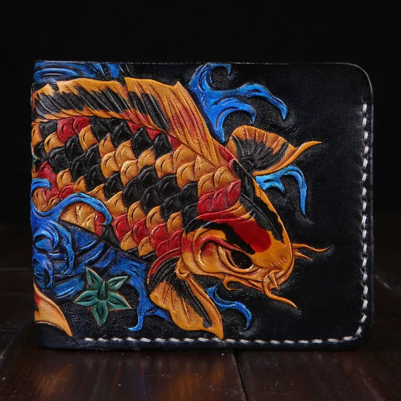 Men's manually carved cow leather wallet in red, shown open with no closure, next to blue and gold options.