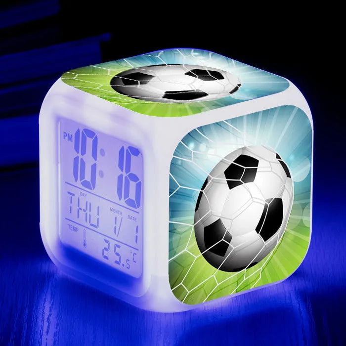 Square football pattern alarm clock with mute alarm function in blue, green, or yellow