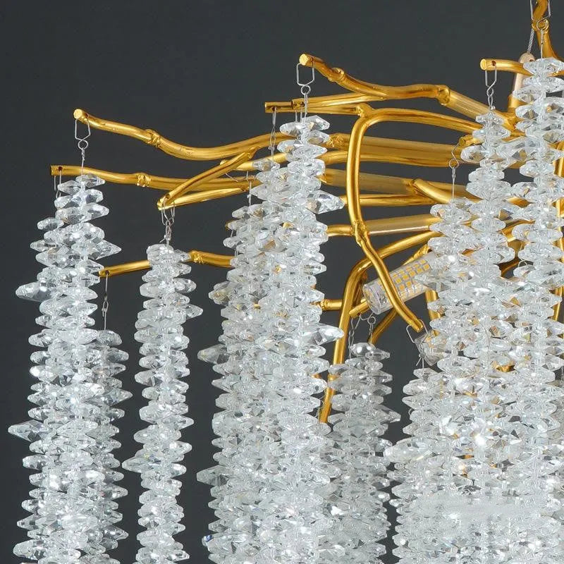 Crystal chandelier light with adjustable height, shown in a light luxury style with aluminium alloy body.