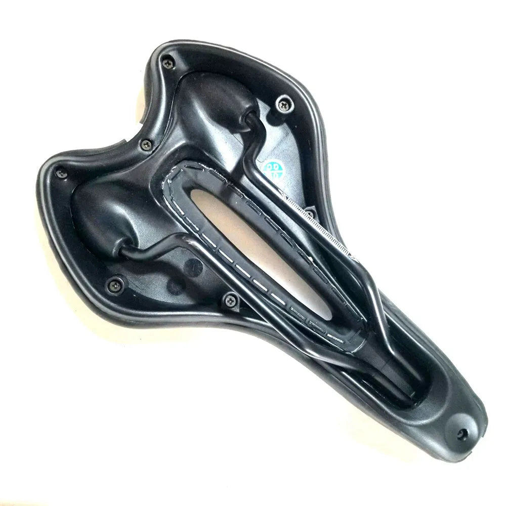 Thick soft silicone bicycle saddle with steel springs, PU leather cover, waterproof cover, wrench, and tyre patch kit.