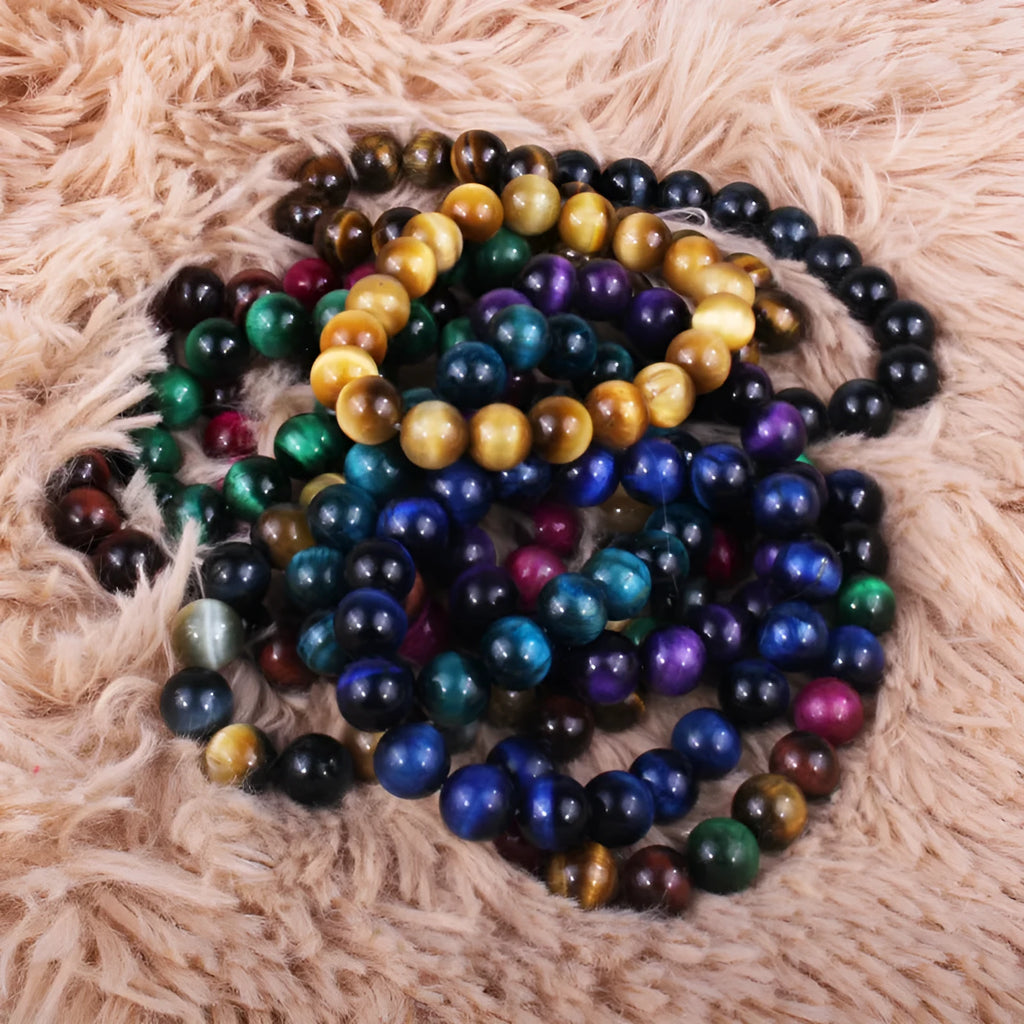 Finished tiger eye crystal beaded bracelet with round geometric beads in a choice of colours and sizes.