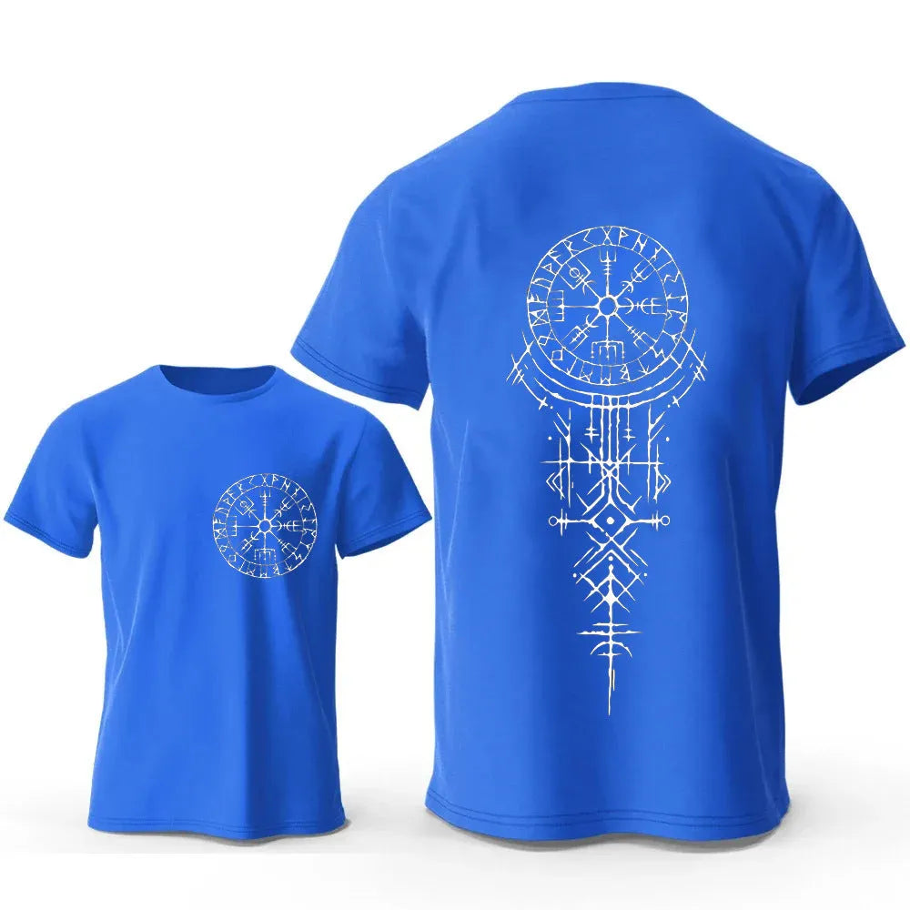 Men's grey cotton T-shirt featuring a detailed black and white Viking rune compass graphic on the chest.