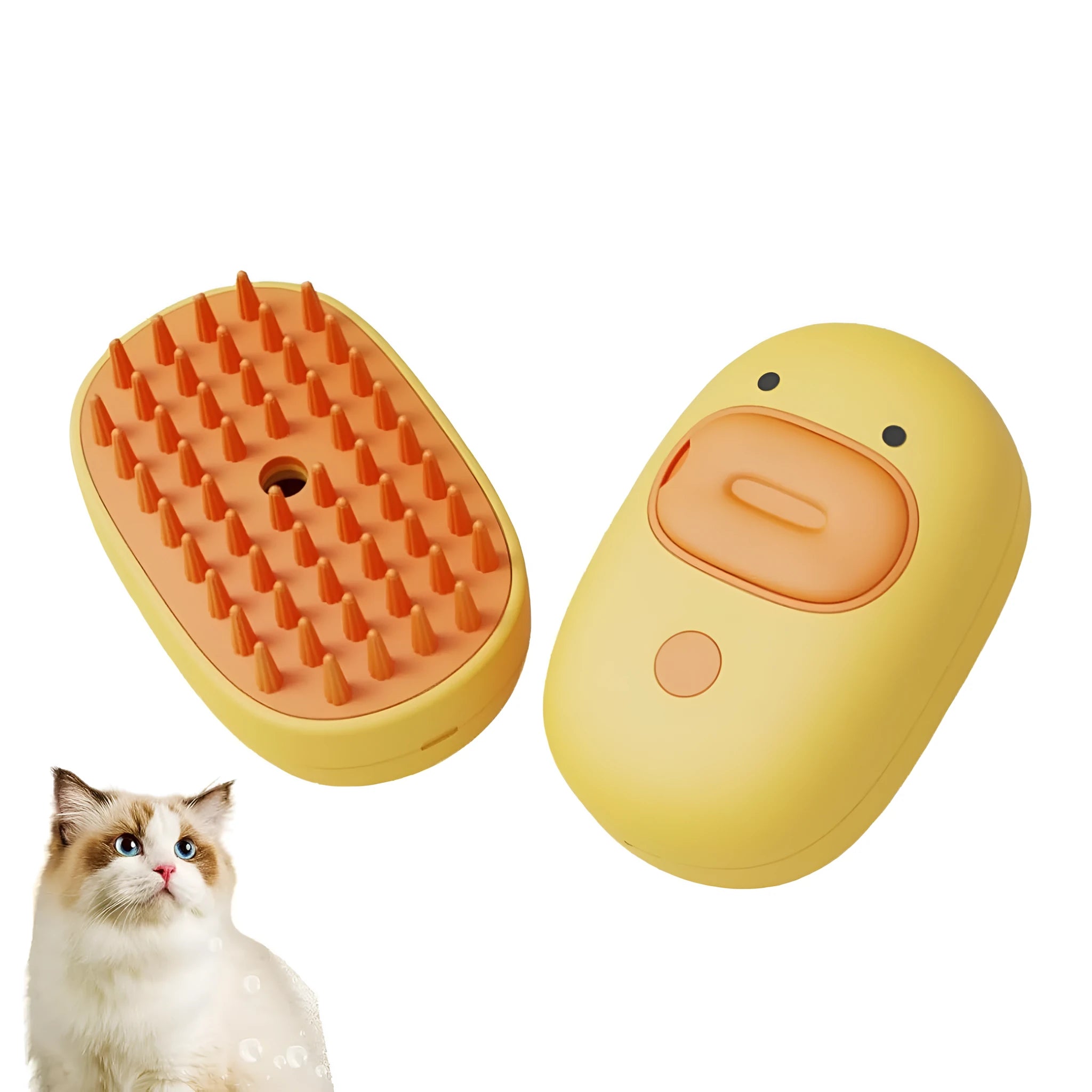 White or yellow rechargeable steam brush for grooming cats and dogs with rubber comb teeth