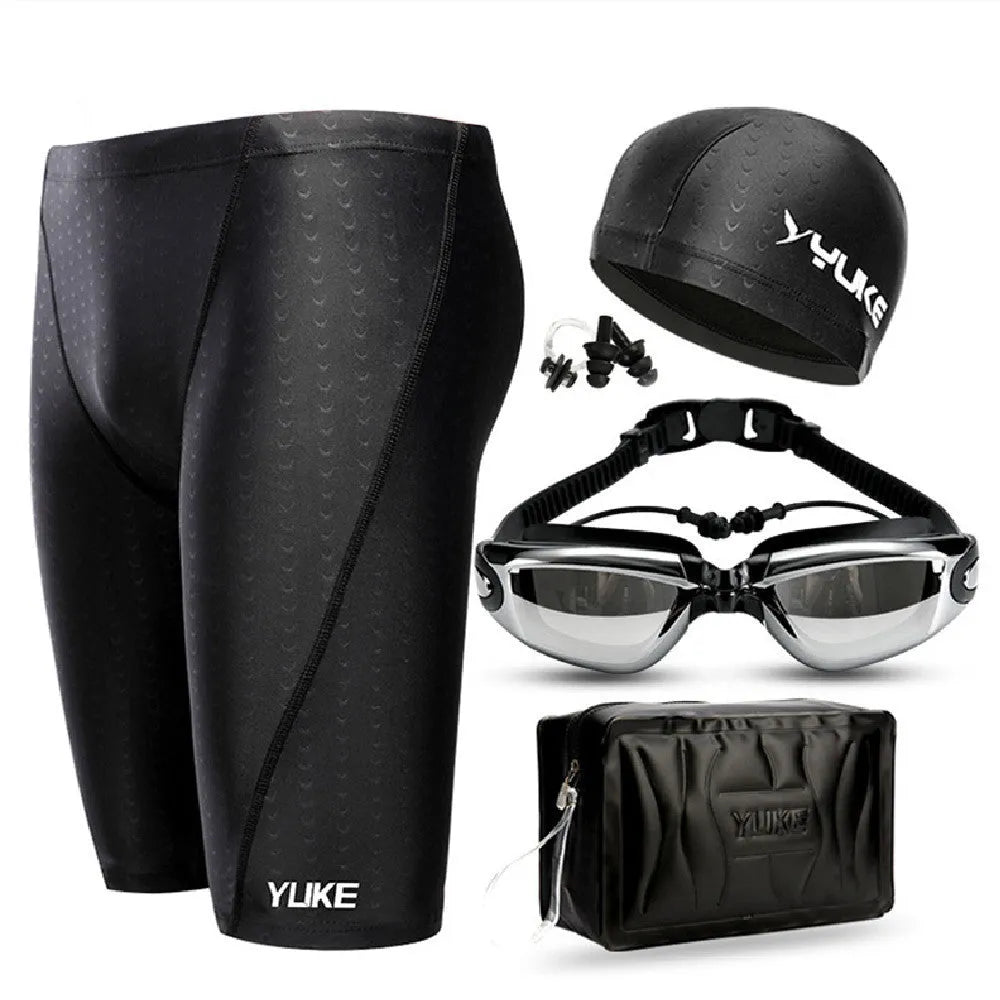 Men's black polyester swimming set with goggles, cap and mesh bag