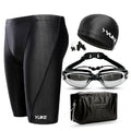 Men's black polyester swimming set with goggles, cap and mesh bag