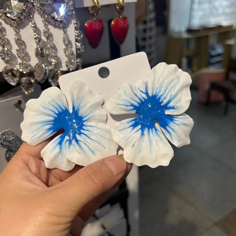 Women's alloy floral stud earrings with electroplated oil-spot glaze finish in four colour variations