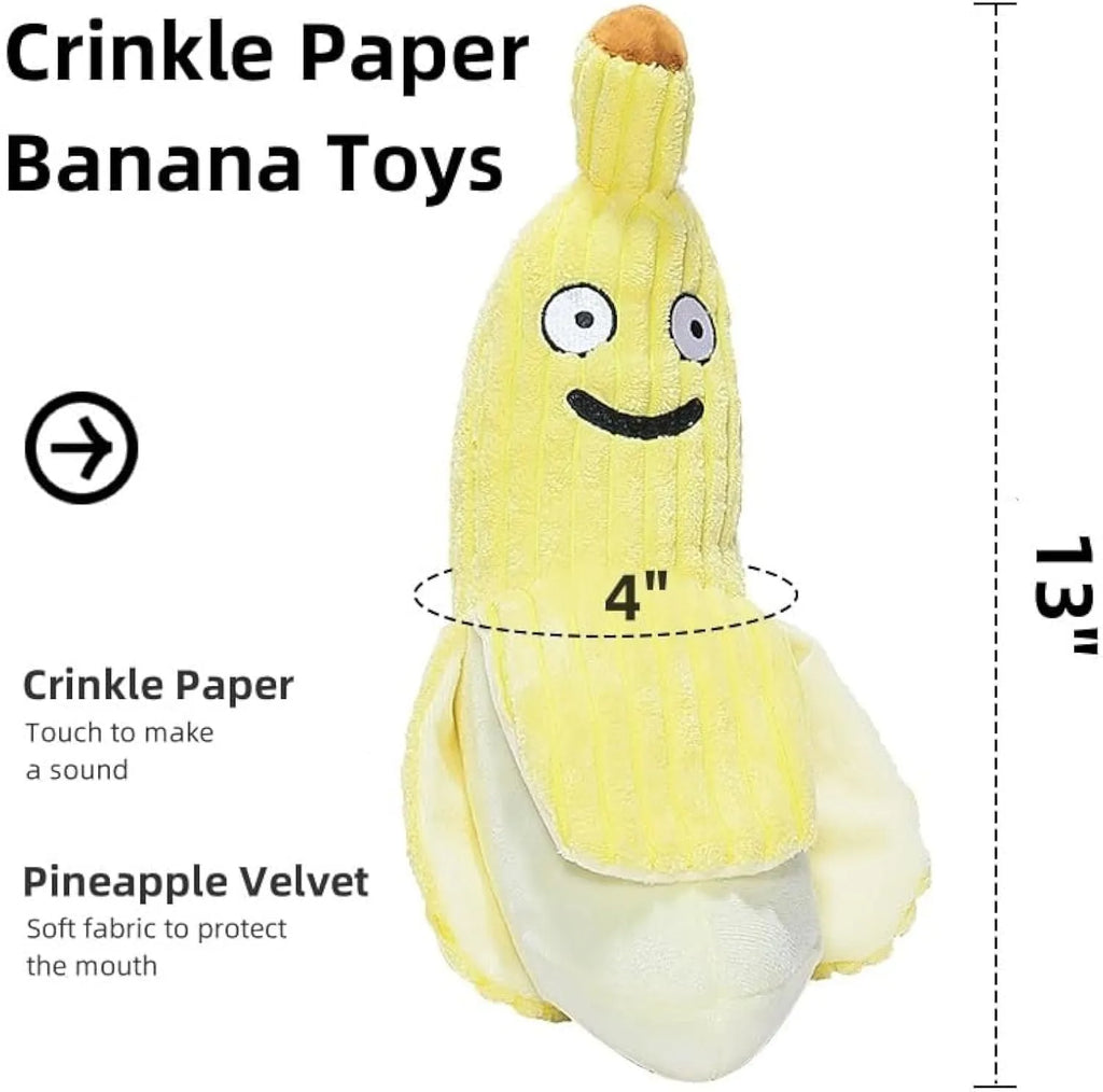 Yellow banana-shaped cat crinkle toy with plush fabric and velvet strip detailing