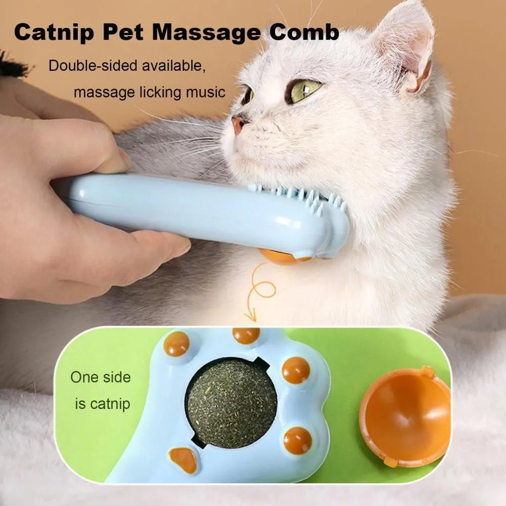 Cartoon design cat massage comb and dental toy with rounded teeth and catnip compartment