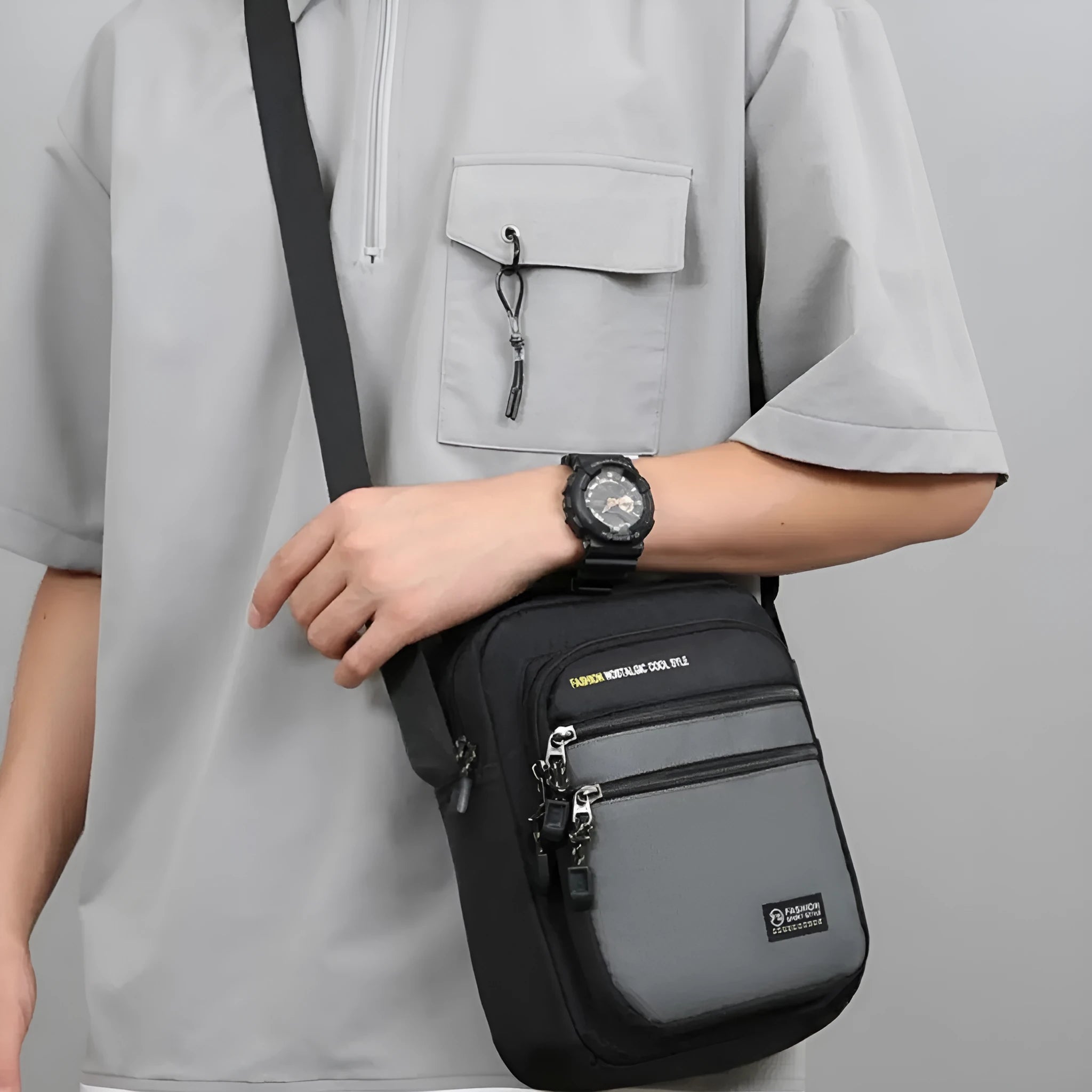 Men's crossbody bag in waterproof nylon with urban style and sewing thread details