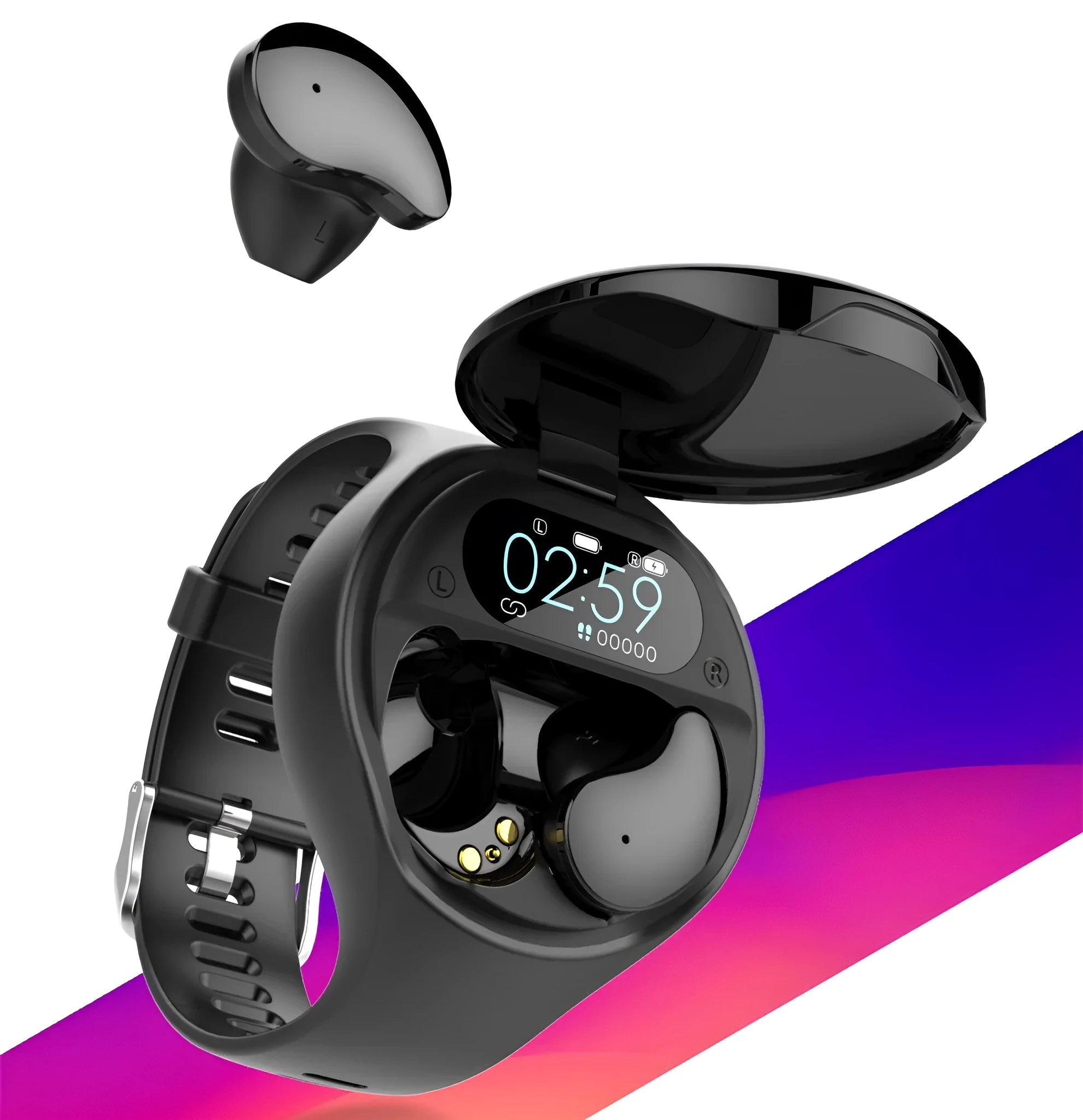 Black smart fitness bracelet with detachable Bluetooth earbuds for heart rate and step tracking