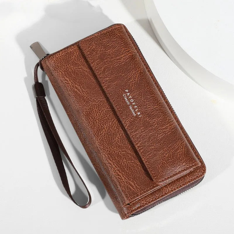 Men's black PU leather long wallet with multiple card slots showing dimensions