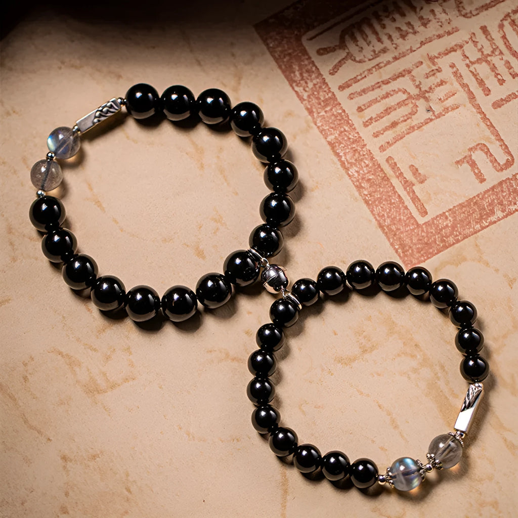 Black obsidian couple bracelet DIY set with 10mm and 8mm beads and adjustable string.
