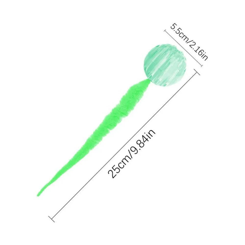 Interactive bouncy ball cat toy with worm tail in green, pink, or purple colours