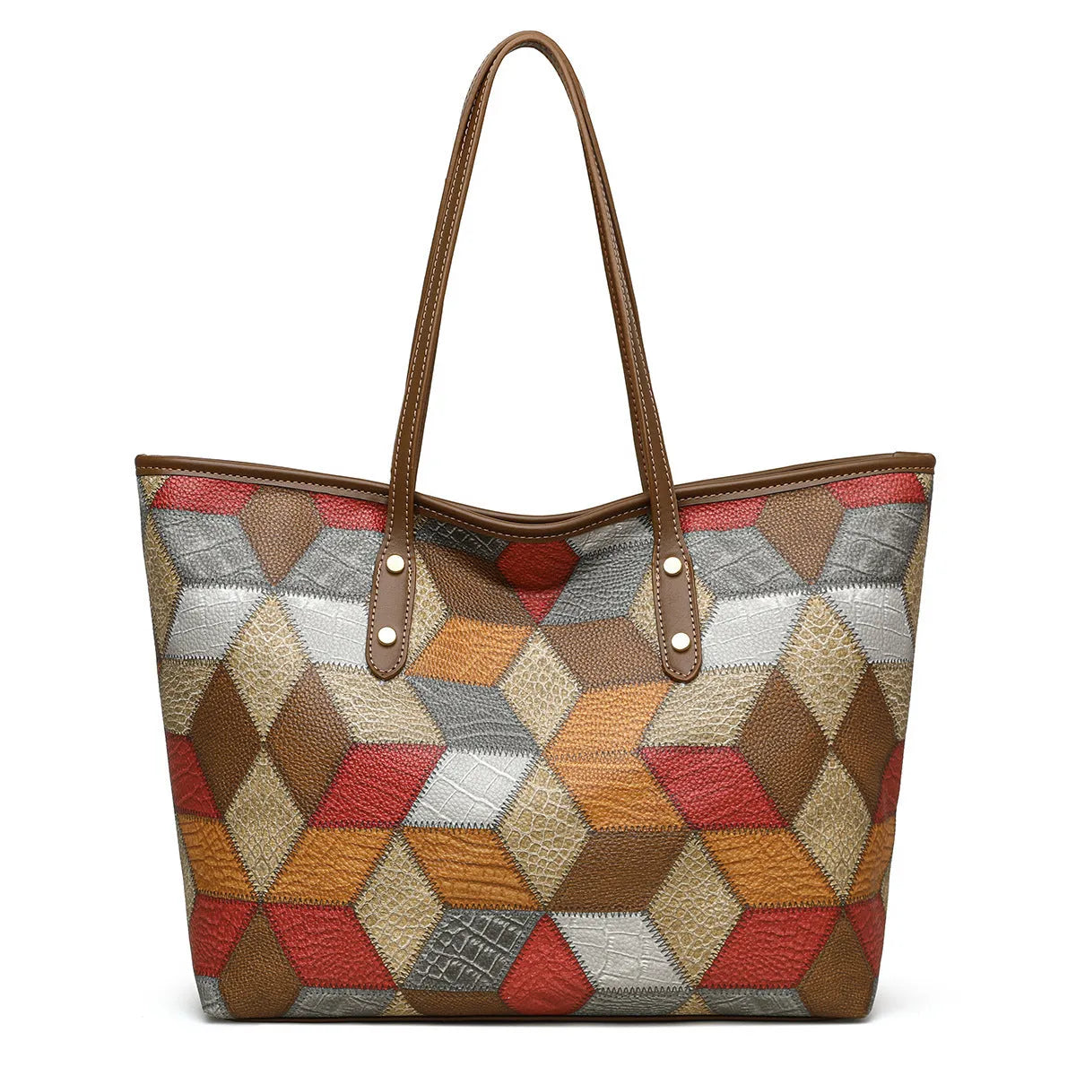 Women's blue brown PVC shoulder handbag with sandwich pockets and large capacity
