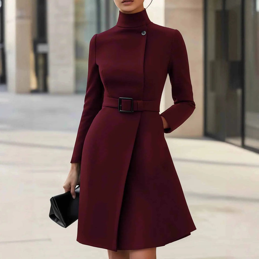 Women's long sleeve bohemian dress with stand collar and high waist in black or wine red.