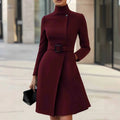 Women's long sleeve bohemian dress with stand collar and high waist in black or wine red.