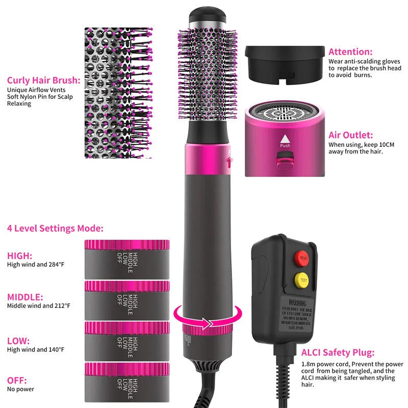 Dyson grey 5-in-1 hair dryer brush styler with five brush attachments on a white background.
