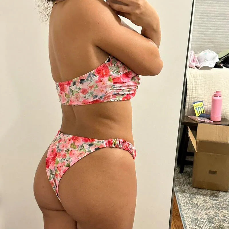 Women's floral print bikini set with lace tube top in blue, pink, yellow, or colourful options.