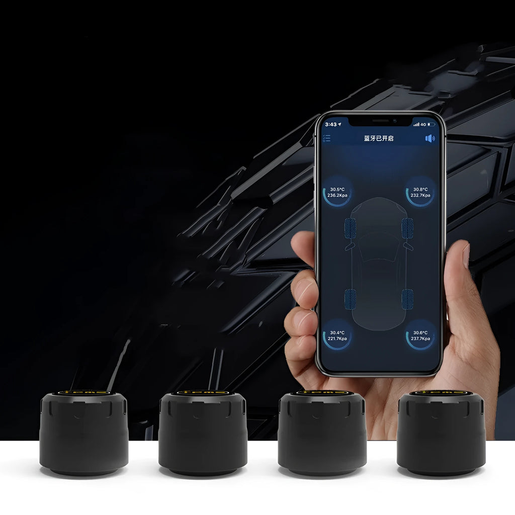 Bluetooth 5.0 automotive tyre pressure monitor kit with four black external sensors, wrench, and anti-theft screws