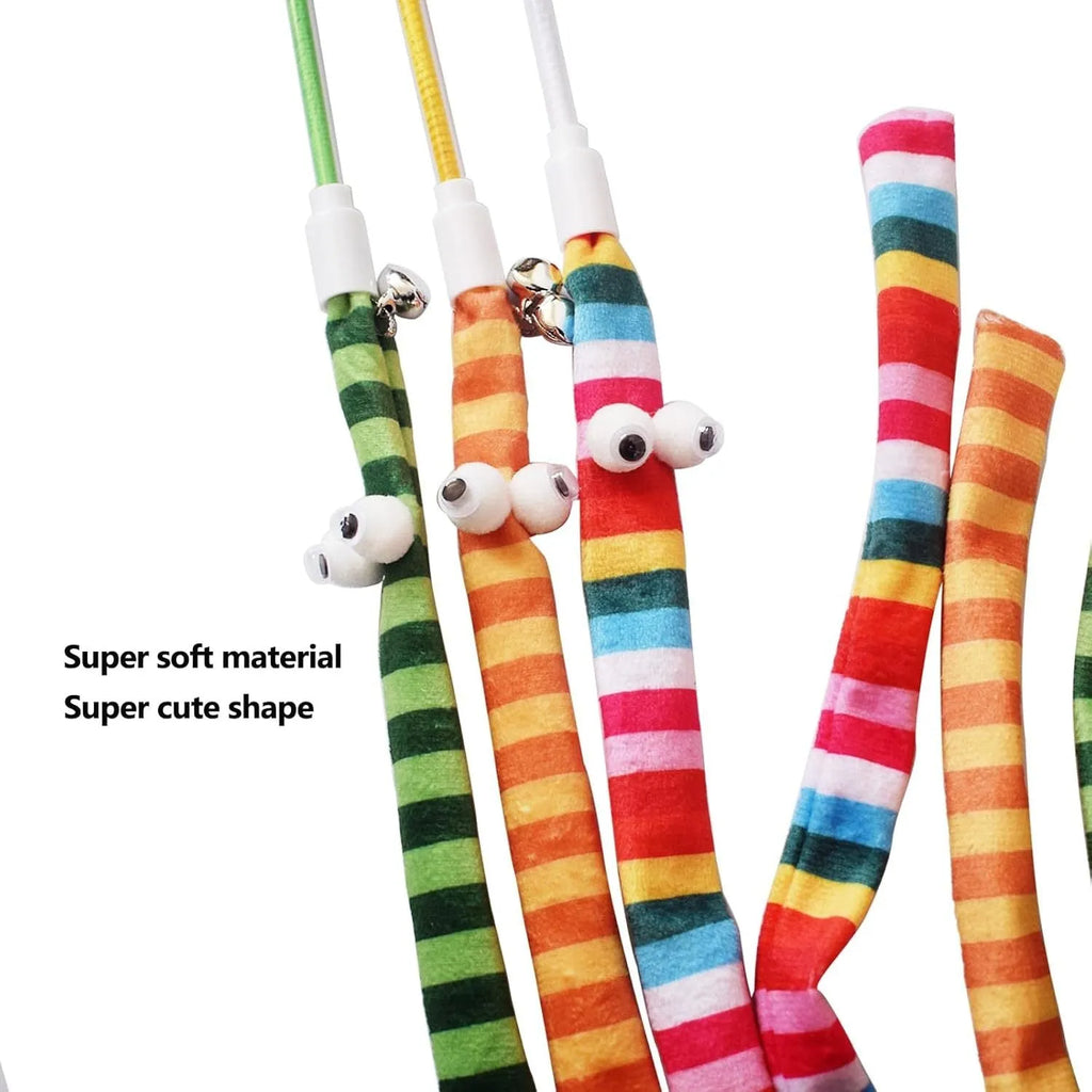 Colourful cat teaser wand toy with a long plush strip and polycarbonate pole