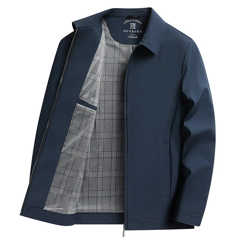 Men's navy blue polo collar casual jacket with side seam pockets showing loose fit design