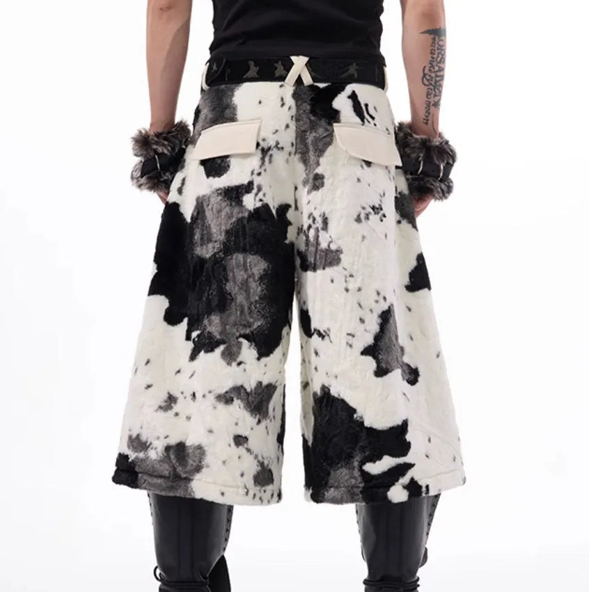 Women's milk fibre cropped trousers with fur detailing in checkered, striped or printed patterns