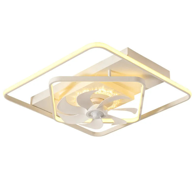 Modern ceiling fan light with thin plastic blades and a white acrylic lampshade, measuring 1100 mm by 700 mm.