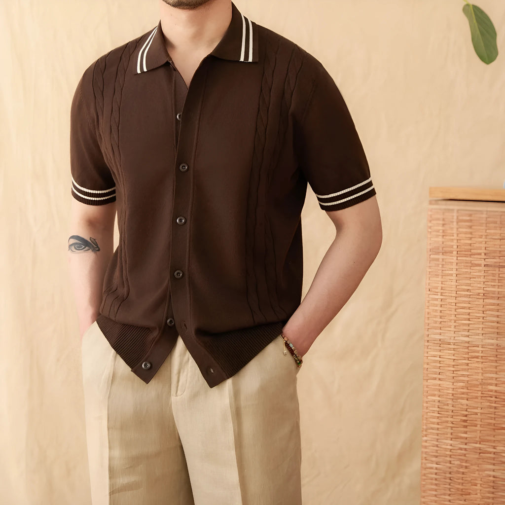 Cotton knitted short-sleeved lapel polo shirt in apricot colour showing collar detail