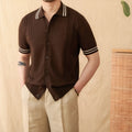 Cotton knitted short-sleeved lapel polo shirt in apricot colour showing collar detail