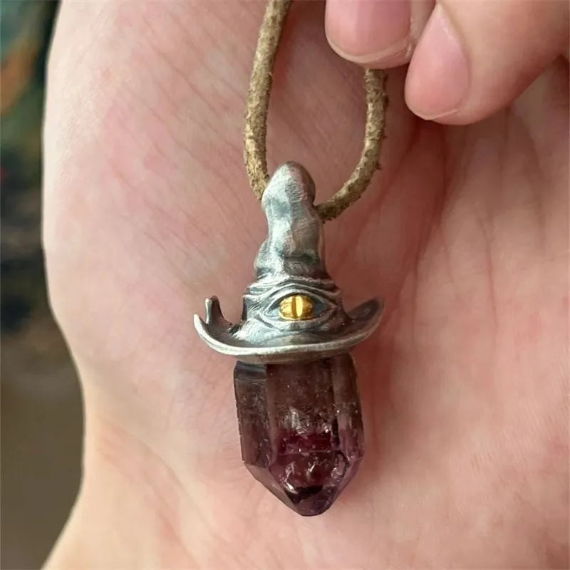 Retro hexagonal witch hat crystal pendant necklace with cowhide rope or black rope and keychain option