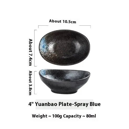 Japanese ceramic oval sauce dipping bowl with decorative glaze pattern