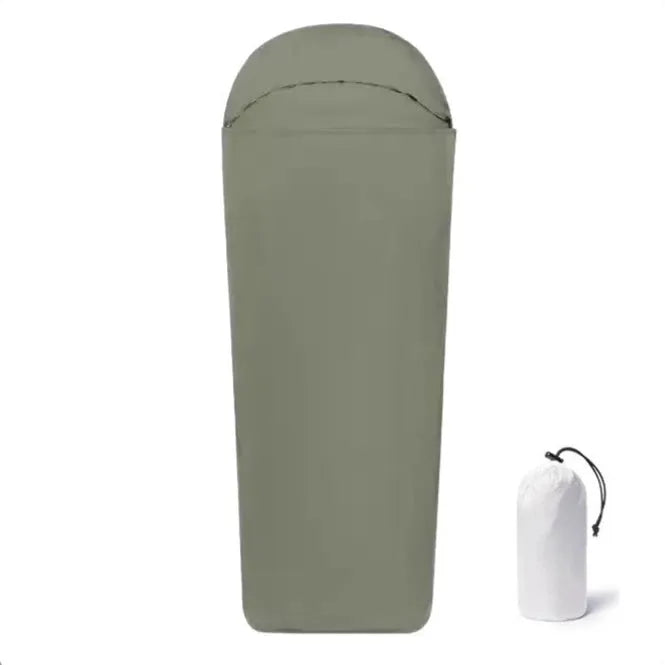 Blue or green nylon mummy camping sleeping bag showing 210 cm length and portable packed size