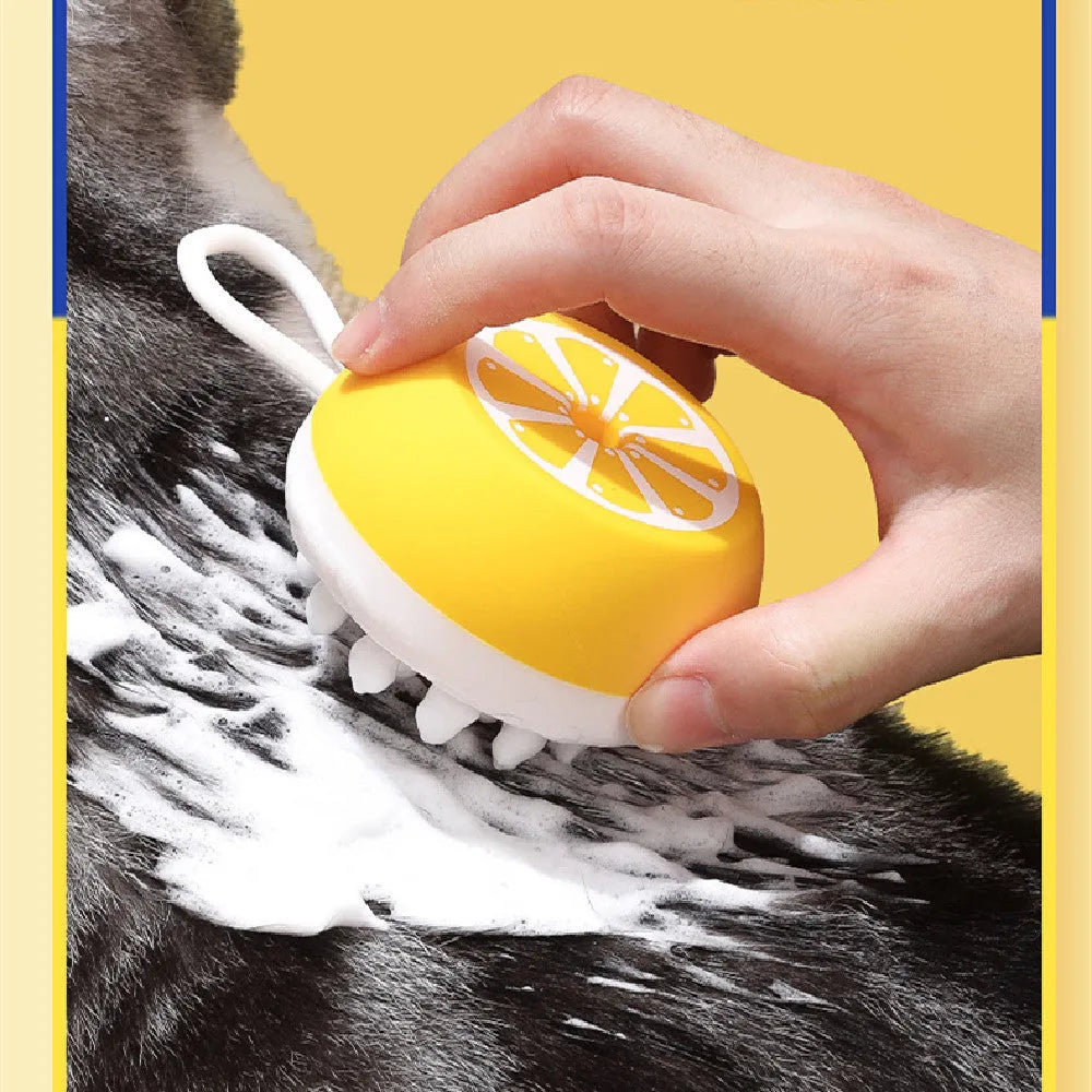 Yellow silicone pet bath brush with massage comb functions for dog and cat grooming