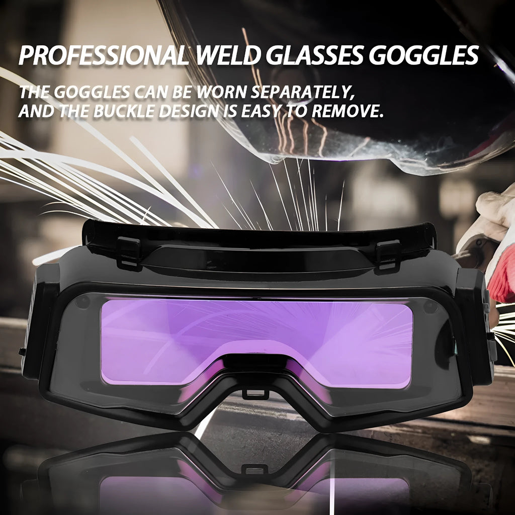Black automatic darkening welding mask with large viewing window and adjustable controls