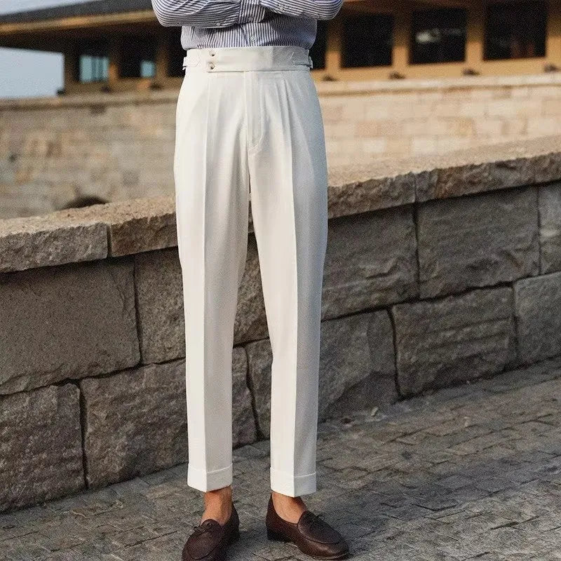 Slim fit straight cut men's suit trousers in apricot, black, or white.