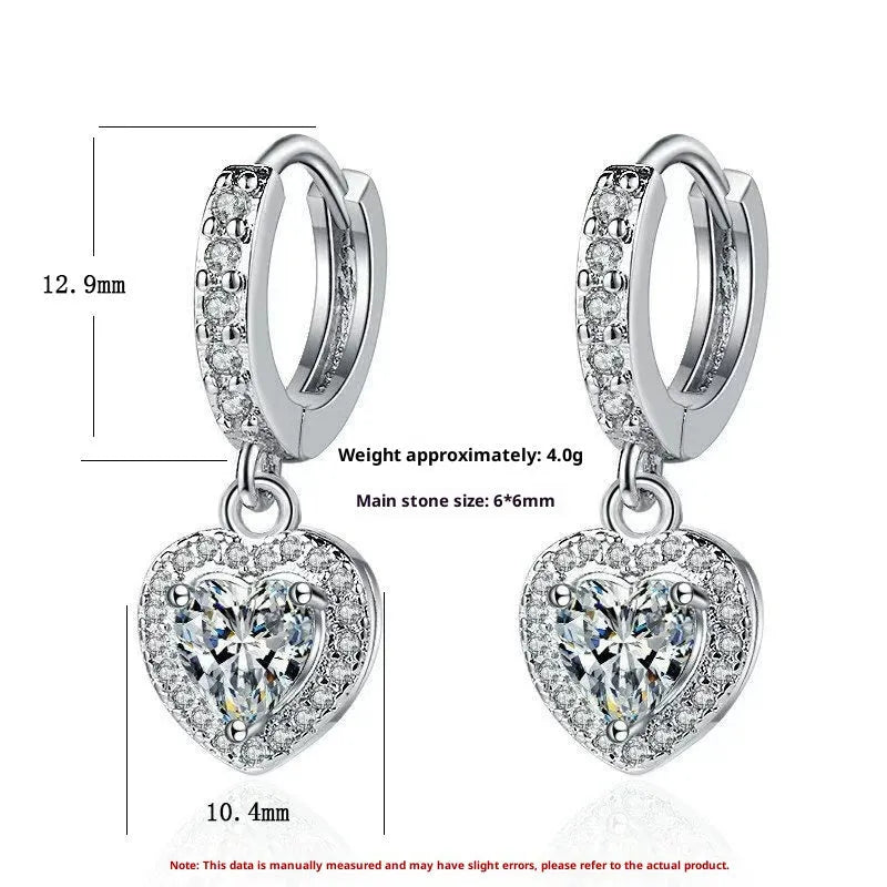 Copper inlaid zircon love earrings with heart shape and electroplated white gold or yellow gold colour finish