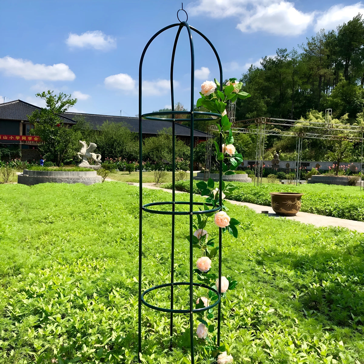 Dark green iron plant climbing frame with lattice design measuring 188cm tall