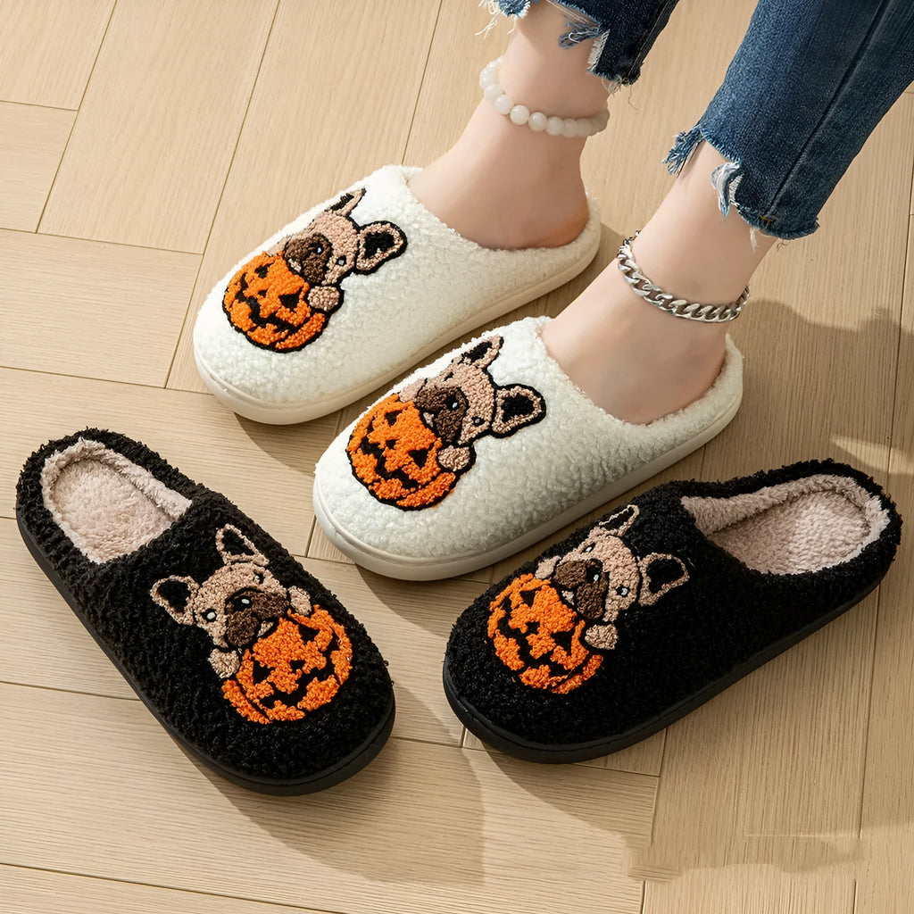 Halloween pumpkin design plush slippers with black velvet upper and TPR rubber sole.
